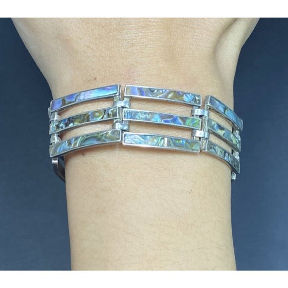 TAXCO Mexico Bracelet 925 Triple Chain Link Abalone Inlay 7.5 inches 1940s - Picture 1 of 7